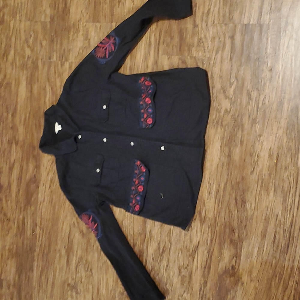 Miami embroidered Black denim jacket with magenta and blue patchwork. Medium